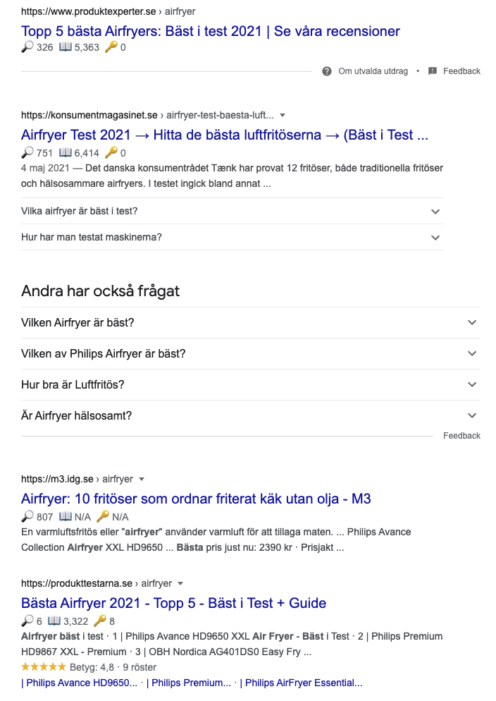 Bild på hur Google visar sökresultat. Här framgår det tydligt att vi bör välja domännamn som ger stöd till sökresultatet. 